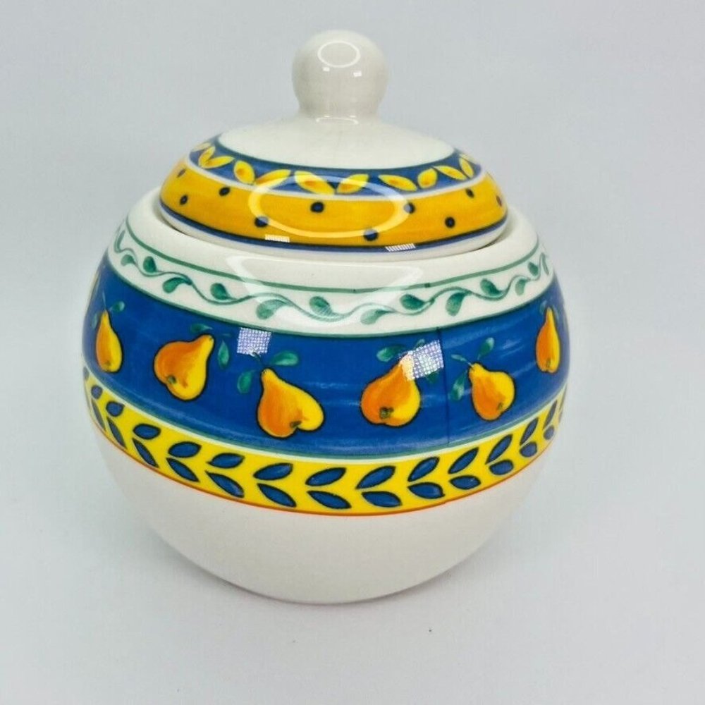 Furio Home Portugal Round Ceramic Sugar Bowl Lid Pears Orange Yellow Blue